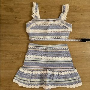 Just Me blue fringe pattered skirt and crop top set